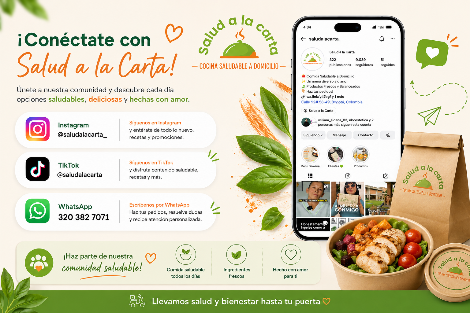Conéctate con Salud a la Carta: Instagram @saludalacarta_, TikTok @saludalacarta y WhatsApp 320 382 7071